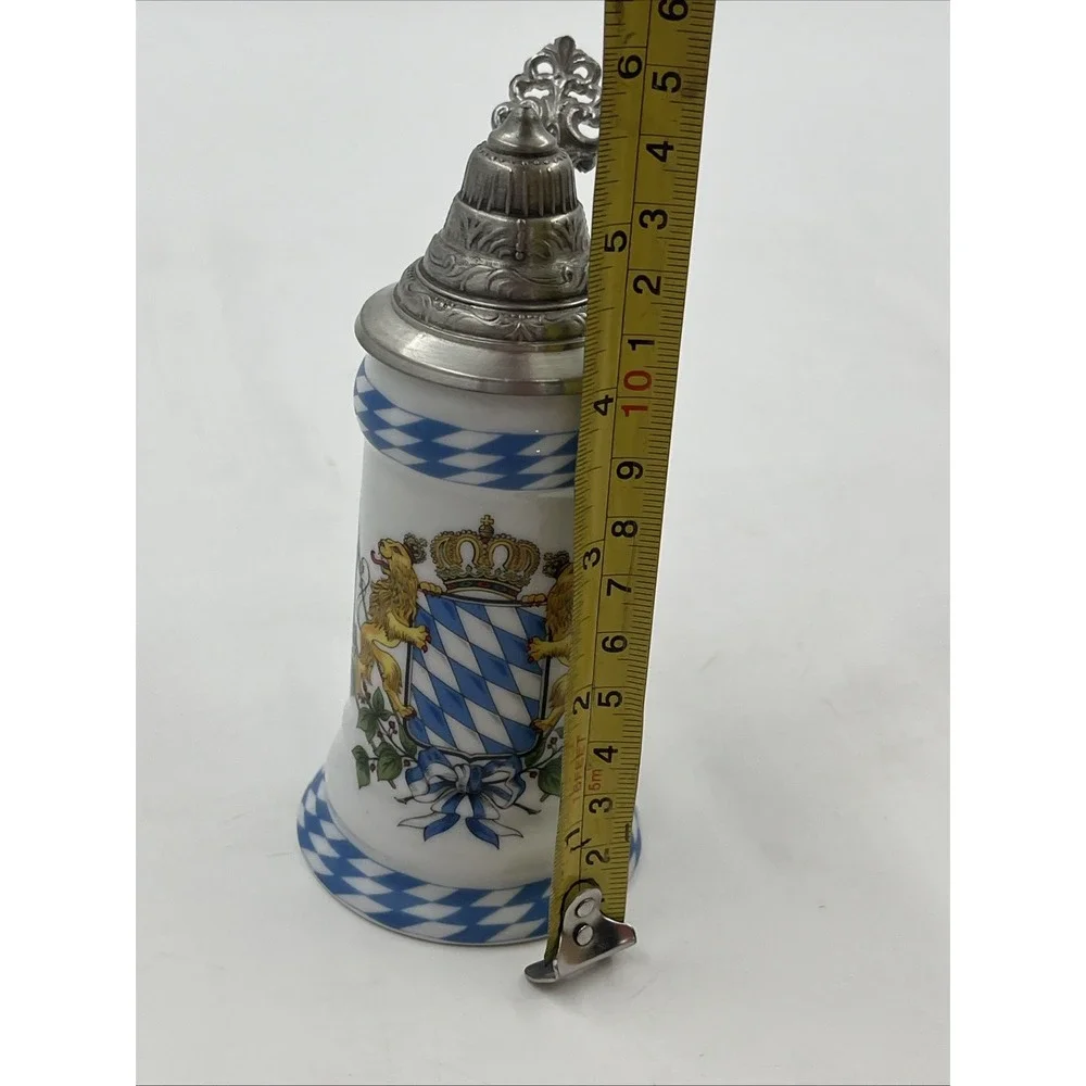 Vintage Kuhr Muhlried German Porcelain Beer Stein Pewter Lid Bavarian Lion Blue